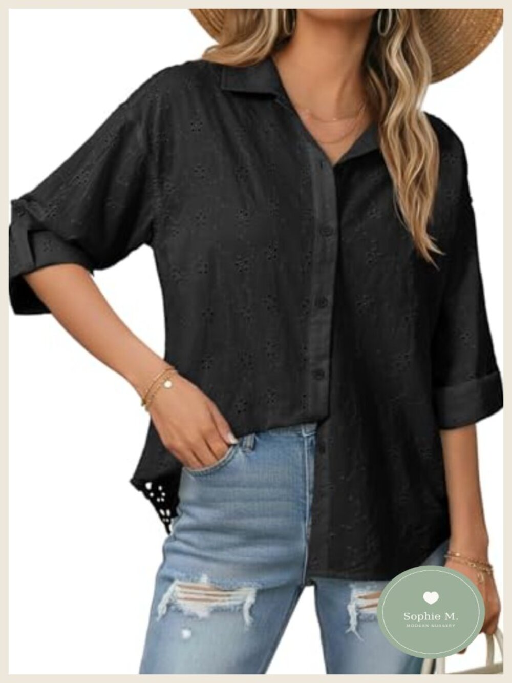 Women's Cotton Button Down Long Sleeve Blouse Loose Hollow Out Casual Shirt